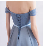 Strapless applique dusty blue prom dress