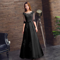 Middle sleeve black evening dress embroidered