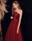 Off the shoulder satin and tulle burgundy dark red evening dress