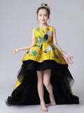 Embroidered high low little girl's yellow ball gown