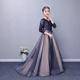 Long sleeve embroidered child black prom dress