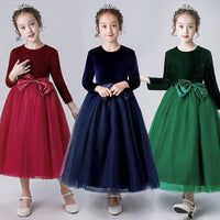 Long sleeve flannelette and tulle girl's dress green blue burgundy velvet flower girl dress