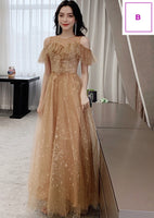 Brown yellow long bridesmaid dresses