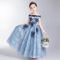 Off the shoulder printing blue flower girl dress