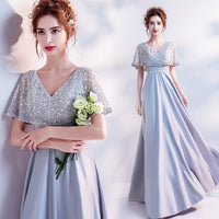 Gray cloak gown pearls embroidered v neck