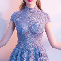 Mauve embroidered gown Blue embroidered prom dress