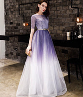 Gradient purple prom dress middle sleeve sparkly gown