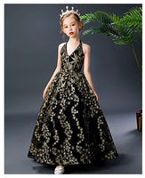 Floor length long sparkly little girl's black ball gown