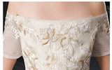 Embroidered off the shoulder tailed mini bride dress