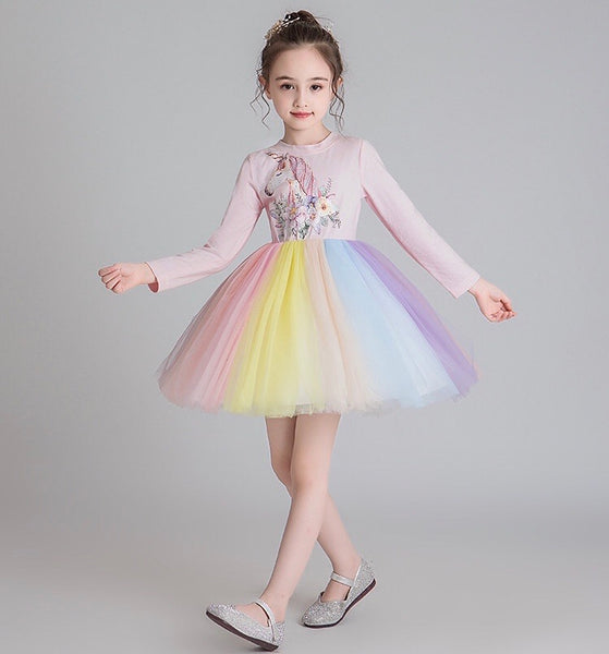 Long sleeve girl’s unicorn rainbow dress