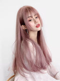 56cm 22 inches long straight rattan pink wig with bangs かつら