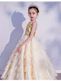 Sleeveless embroidered little girl’s champagne tiered dress