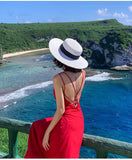 Backless red dress floor length long backless vacation dress