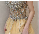 Spaghetti straps sparkly yellow prom dress