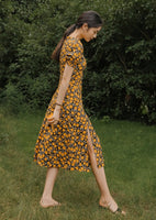 Yellow floral dress split summer dress