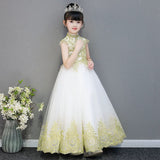 Sleeveless golden embroidered little girl white ball gown