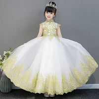 Sleeveless golden embroidered little girl white ball gown