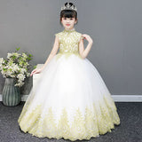 Sleeveless golden embroidered little girl white ball gown