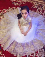 Sleeveless golden embroidered little girl white ball gown