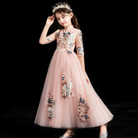 Middle sleeve embroidered tulle flower girl pink dress