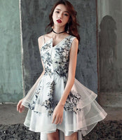 High low silver grey embroidery prom dress