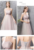 Off the shoulder pink embroidery tulle short bridesmaid dress