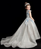 Embroidered flower girl tulle dress with train