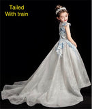 Embroidered flower girl tulle dress with train