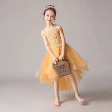 Off the shoulder high low yellow flower girl dress