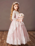 Long sleeve pink lace and tulle flower girl dress with belt