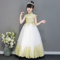 Sleeveless golden embroidered little girl white ball gown