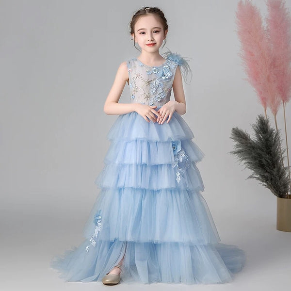 Sleeveless blue little girl ball gown
