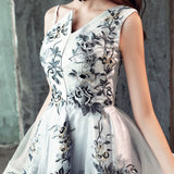 High low silver grey embroidery prom dress