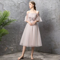 Off the shoulder pink embroidery tulle short bridesmaid dress