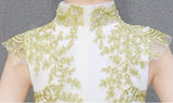 Sleeveless golden embroidered little girl white ball gown