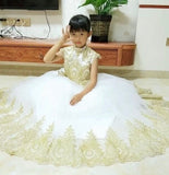 Sleeveless golden embroidered little girl white ball gown