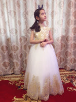 Sleeveless golden embroidered little girl white ball gown