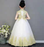 Sleeveless golden embroidered little girl white ball gown