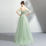 Floor length long green tulle prom dress