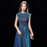 Sleeveless sparkly blue evening dress