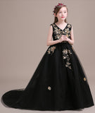 Long black junior girl tulle Gown embroidery Strapless perform dress