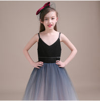 Long black junior girl tulle perform dress gradient gray grey Strapless flower girl gown