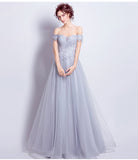 Light grey tulle prom dress long embroidery bandage