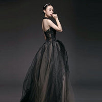 Long backless black gown prom dress tulle customized