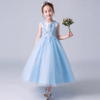 Long blue flower girl dress lace tulle girl gown