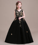 Long black junior girl tulle perform dress embroidery Strapless