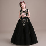 Long black junior girl tulle perform dress embroidery Strapless
