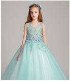 long light green junior girl embroidery performance dress prom dress gown