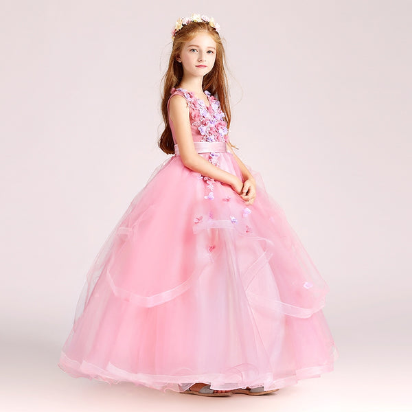 long pink junior girl embroidery performance dress prom dress gown hand made