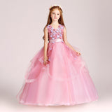 long pink junior girl embroidery prom dress